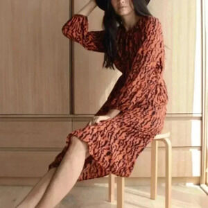 Elizabeth And James Orange and Black Long Sleeve Midi Dress